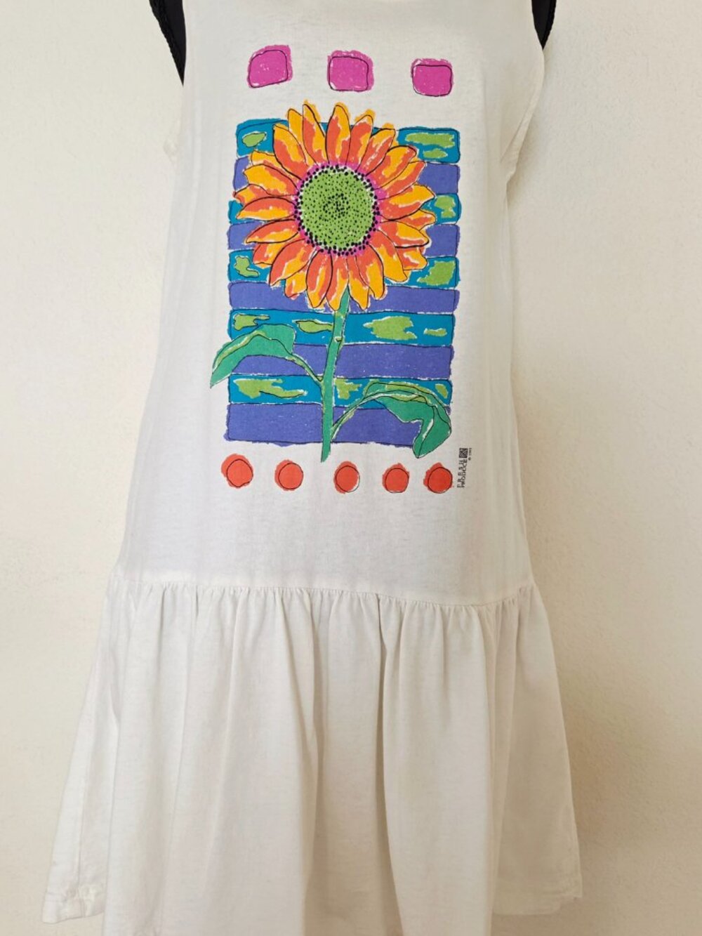 Vintage Fresh Produce White Dress with Sunflower Print and Flounce Hem
